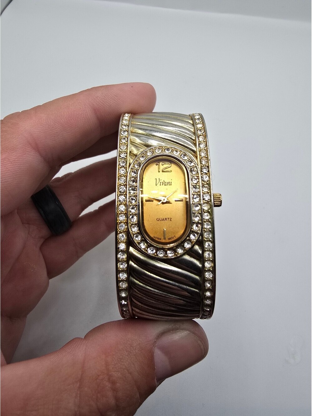 Vivani Women’s Quartz Analog Rectangle Cuff Bracelet Watch Gold Tone Rhinestone